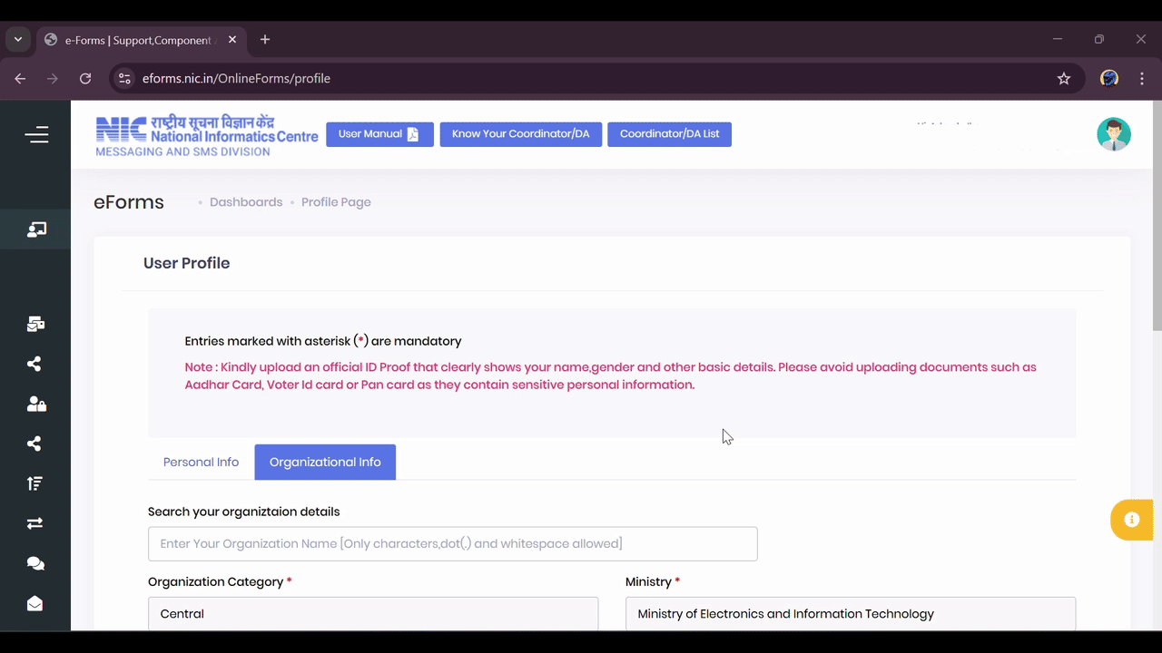 Screenshot of Organization Details form and Submit button